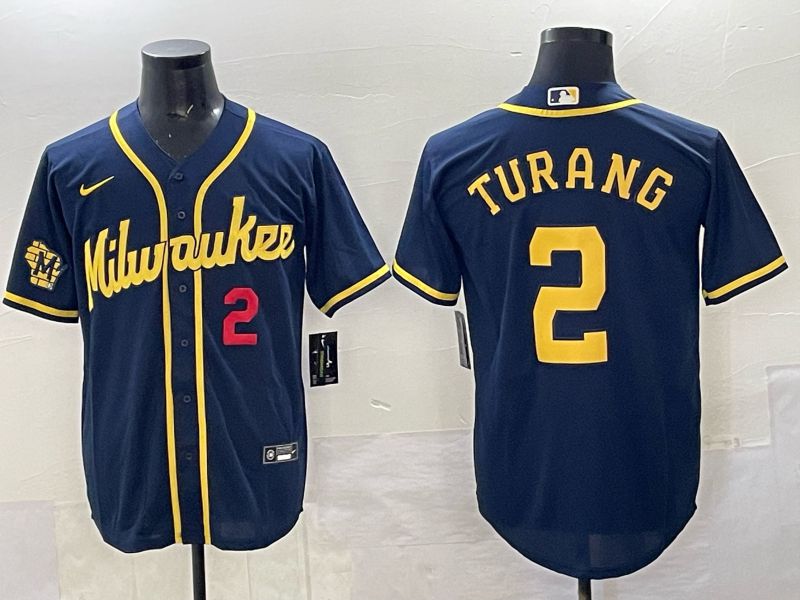 Men Milwaukee Brewers #2 Turang Drak Blue Nike MLB 2025 Jersey 02->milwaukee brewers->MLB Jersey